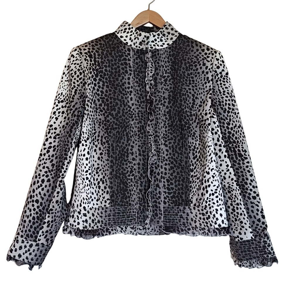 Pamela McCoy Leopard Print Ruffle‎ Jacket Women Medium Gray Silk Trim Paneled